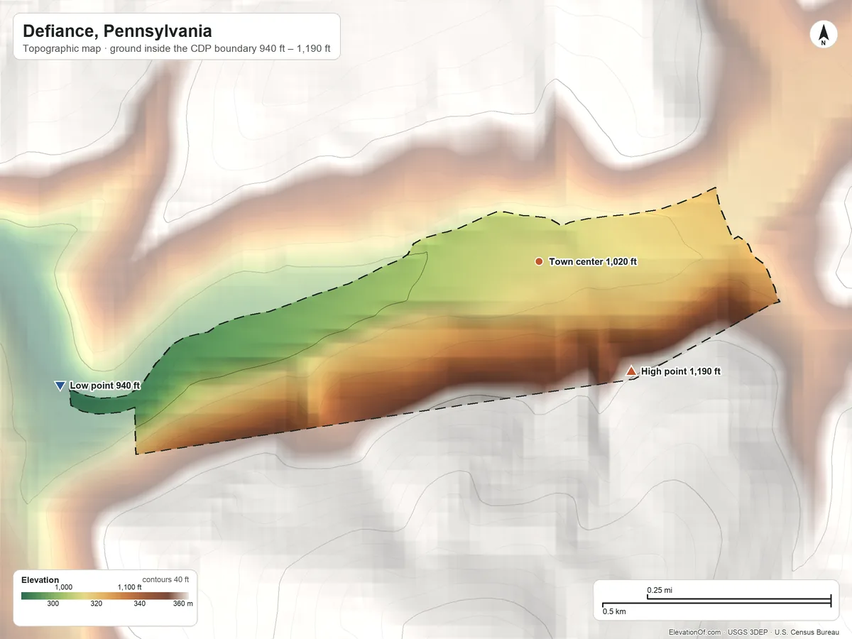 Topographic elevation map of Defiance, Pennsylvania, shaded from 940 ft on the west side to 1,190 ft at the foot of the Tussey Mountain