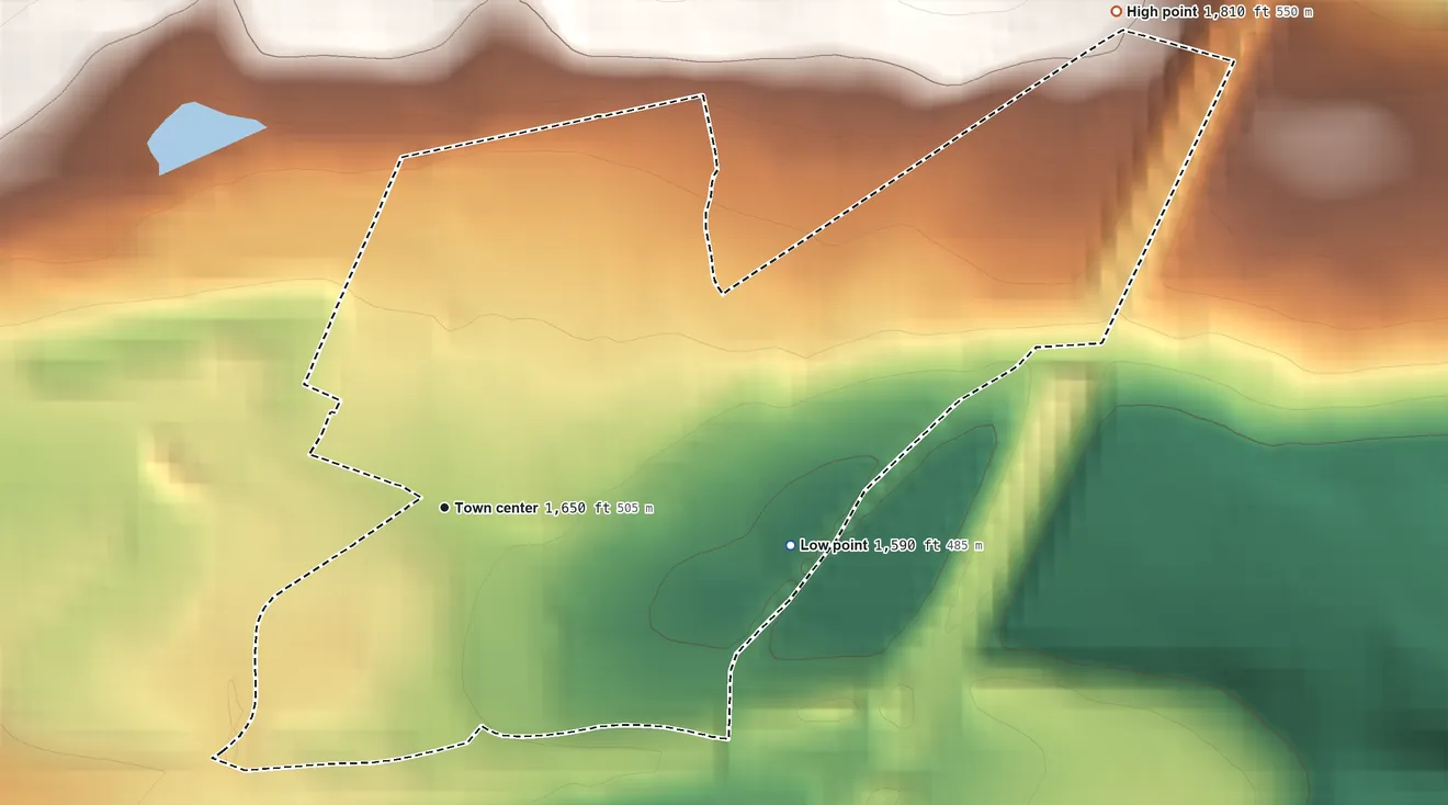 Topographic elevation map of Delano, Pennsylvania, shaded from 1,590 ft on the east side to 1,810 ft on the northeast side