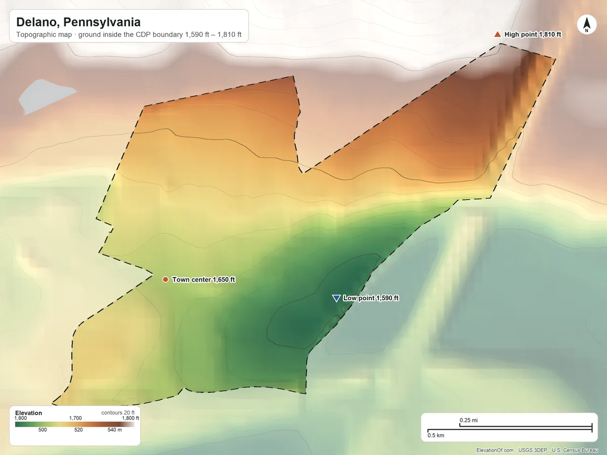 Topographic elevation map of Delano, Pennsylvania, shaded from 1,590 ft on the east side to 1,810 ft on the northeast side