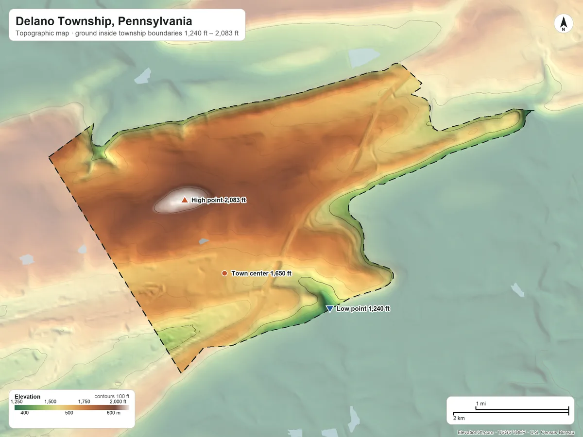 Topographic elevation map of Delano Township, Pennsylvania, shaded from 1,240 ft on the east side to 2,083 ft on Bears Head