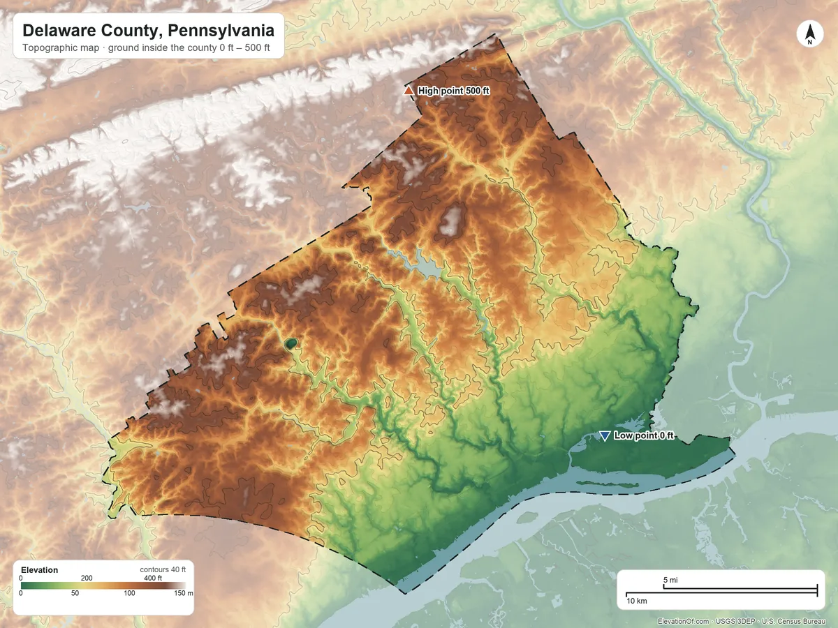 Topographic elevation map of Delaware County, Pennsylvania, shaded from 0 ft on the southeast side to 500 ft on the north side