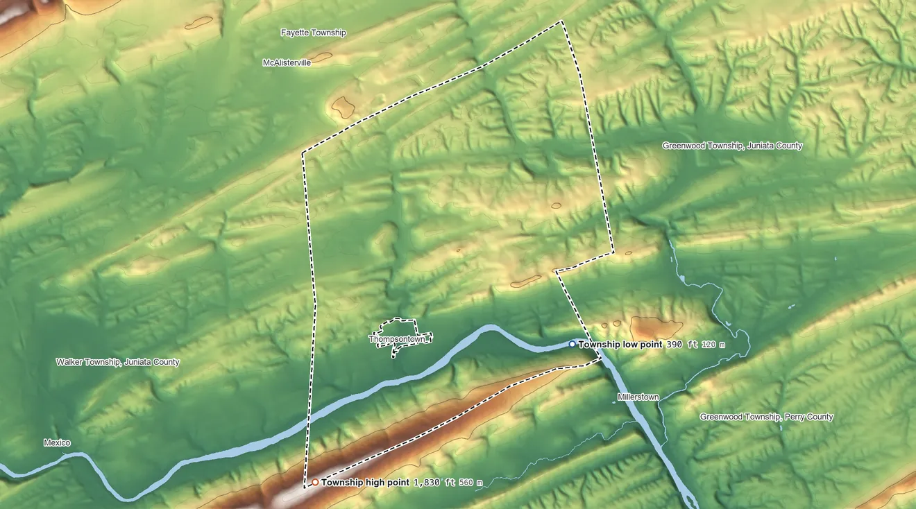 Topographic elevation map of Delaware Township, Juniata County, Pennsylvania, shaded from 390 ft on the southeast side to 1,830 ft on the south side