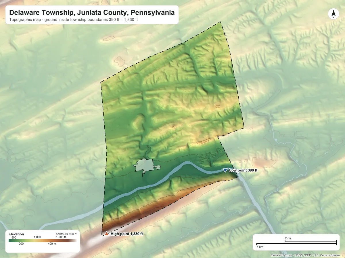 Topographic elevation map of Delaware Township, Juniata County, Pennsylvania, shaded from 390 ft on the southeast side to 1,830 ft on the south side