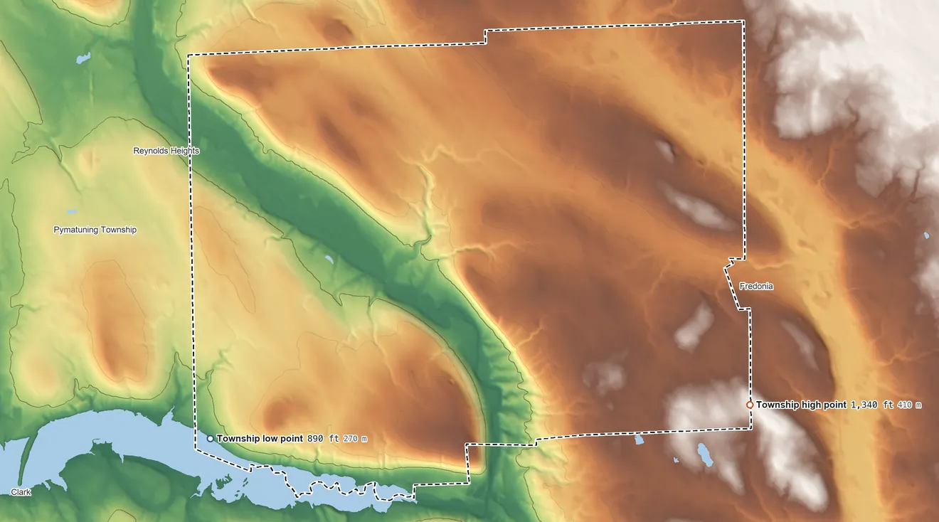 Topographic elevation map of Delaware Township, Mercer County, Pennsylvania, shaded from 890 ft on the southwest side to 1,340 ft on the southeast side