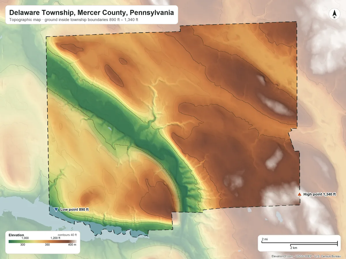 Topographic elevation map of Delaware Township, Mercer County, Pennsylvania, shaded from 890 ft on the southwest side to 1,340 ft on the southeast side