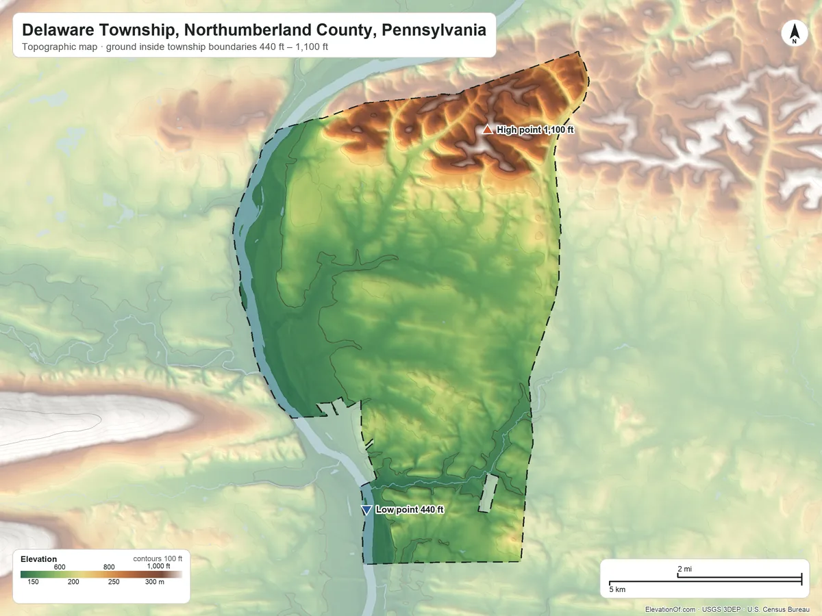 Topographic elevation map of Delaware Township, Northumberland County, Pennsylvania, shaded from 440 ft on the south side to 1,100 ft on the northeast side