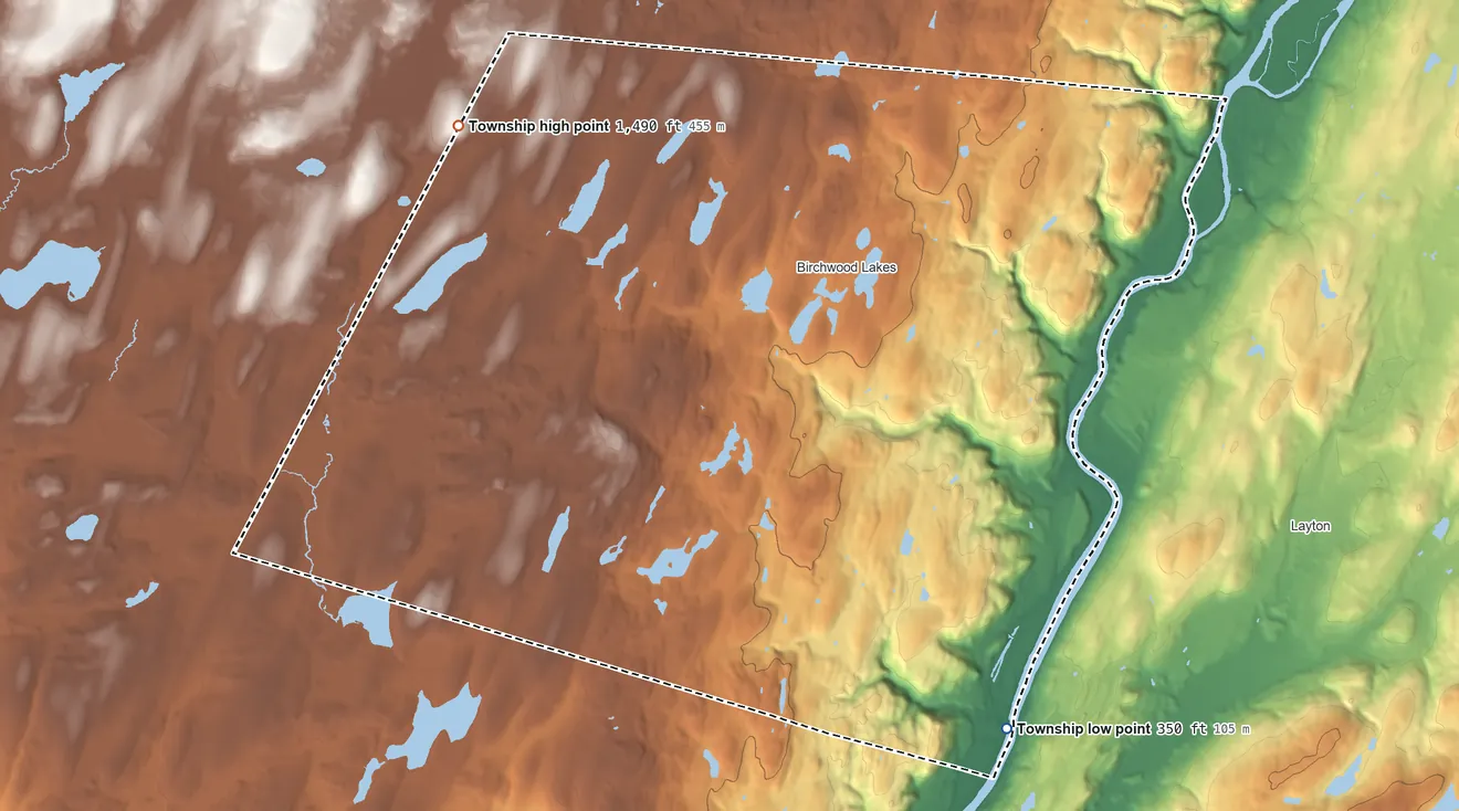 Topographic elevation map of Delaware Township, Pennsylvania, shaded from 350 ft on the southeast side to 1,490 ft on the northwest edge, below higher ground just outside