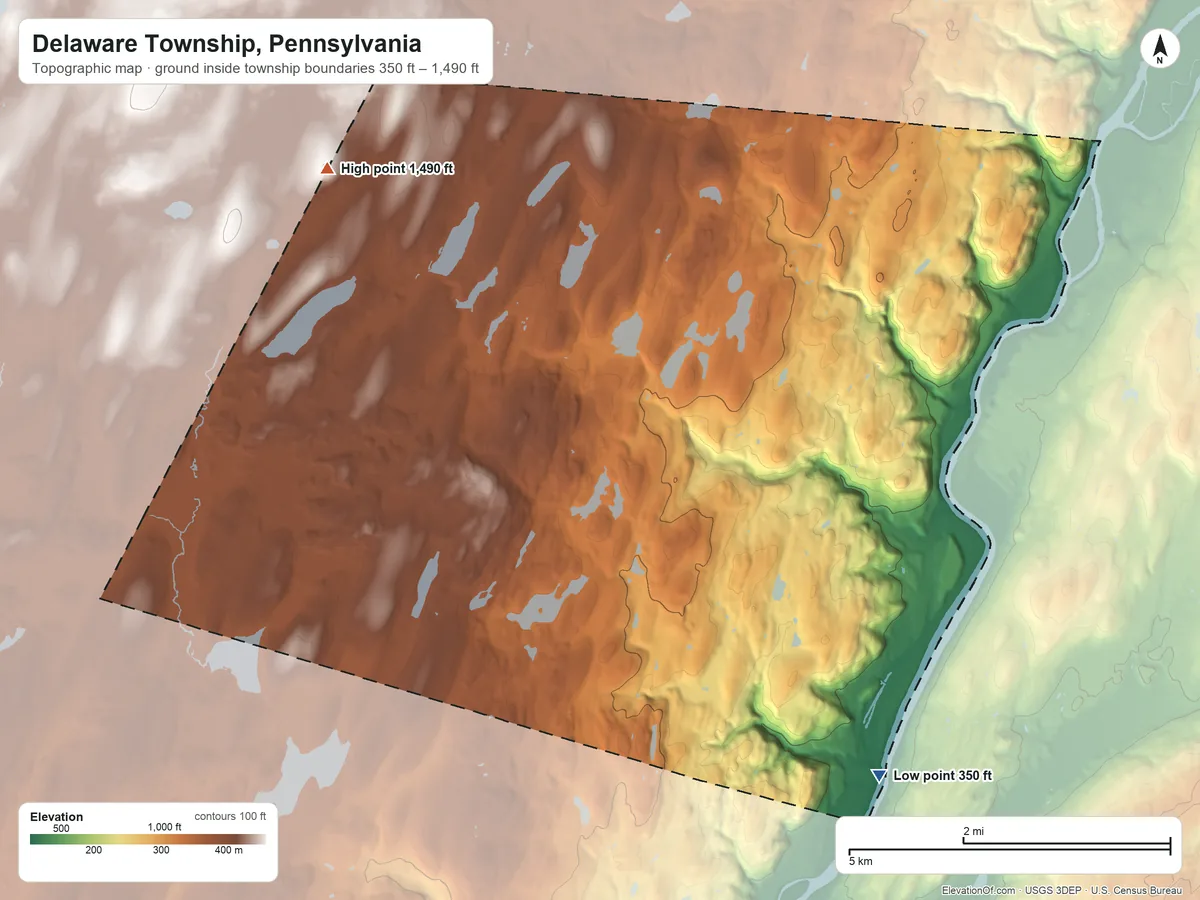 Topographic elevation map of Delaware Township, Pennsylvania, shaded from 350 ft on the southeast side to 1,490 ft on the northwest edge, below higher ground just outside