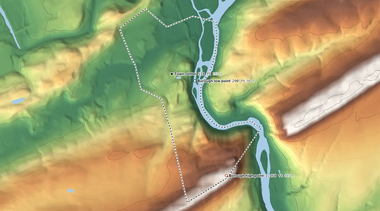 Topographic elevation map of Delaware Water Gap, Pennsylvania, shaded from 290 ft near the middle to 1,461 ft on Mount Minsi