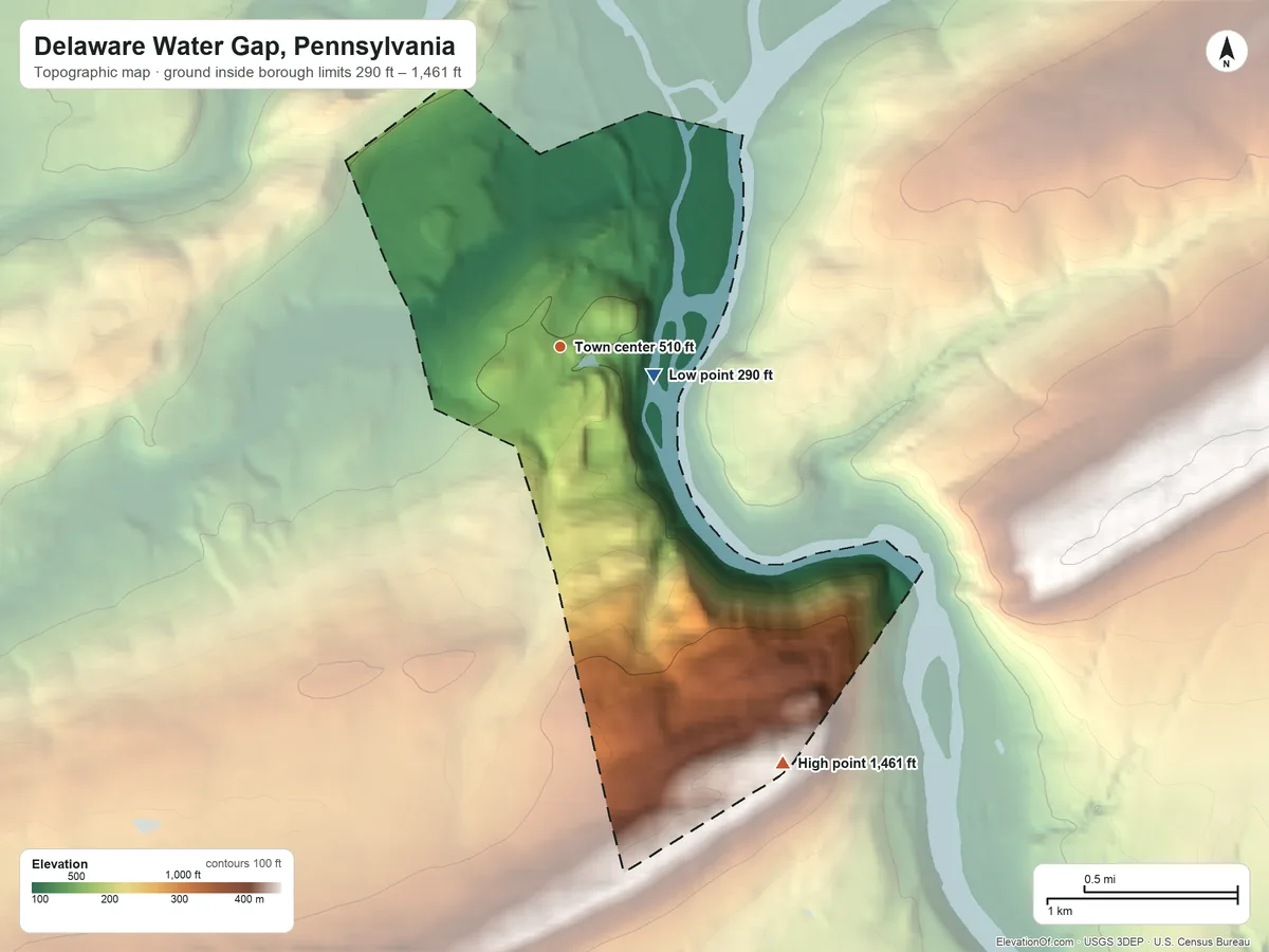 Topographic elevation map of Delaware Water Gap, Pennsylvania, shaded from 290 ft near the middle to 1,461 ft on Mount Minsi
