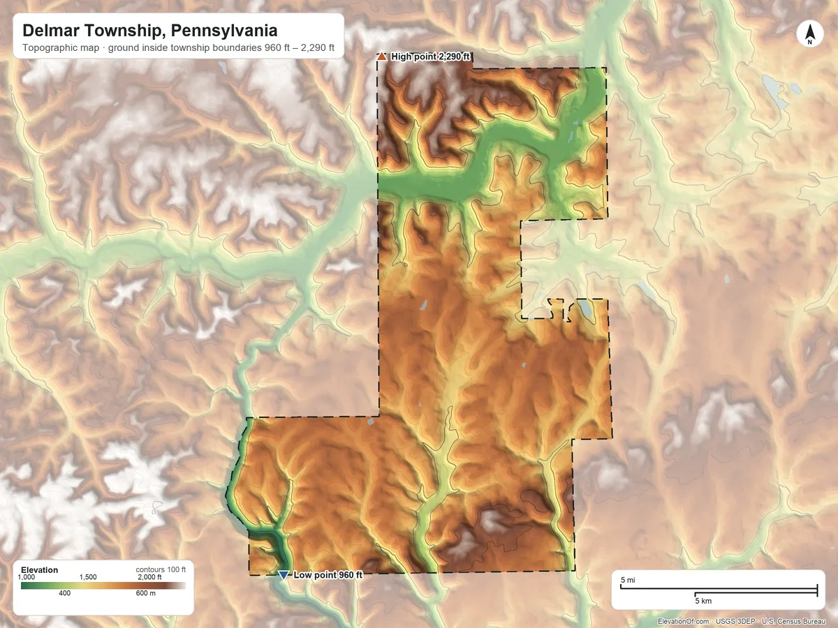 Topographic elevation map of Delmar Township, Pennsylvania, shaded from 960 ft on the southwest side to 2,290 ft on the north side