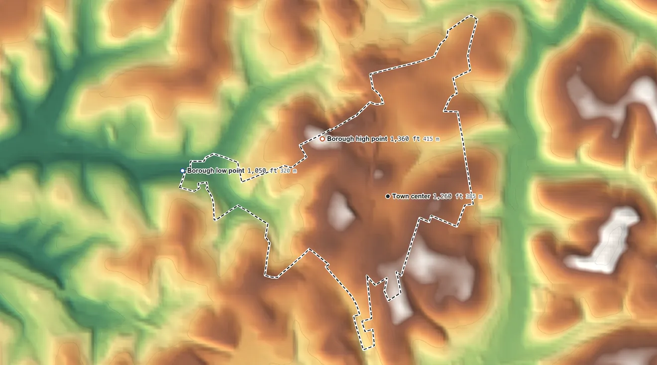 Topographic elevation map of Delmont, Pennsylvania, shaded from 1,050 ft on the west side to 1,360 ft on the northwest side