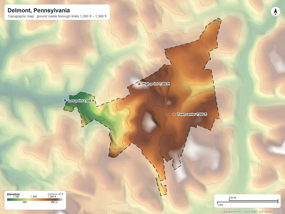 Topographic elevation map of Delmont, Pennsylvania, shaded from 1,050 ft on the west side to 1,360 ft on the northwest side