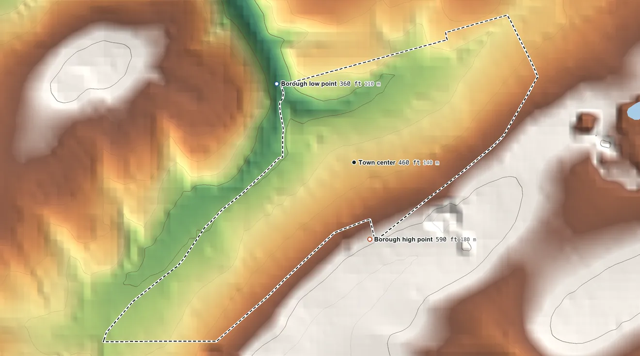 Topographic elevation map of Delta, Pennsylvania, shaded from 360 ft on the northwest side to 590 ft on the south side