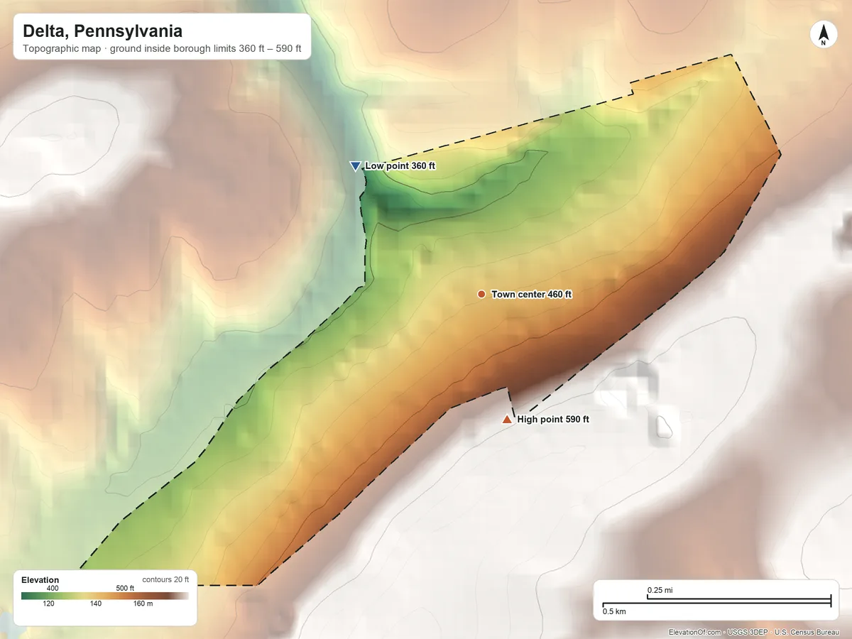 Topographic elevation map of Delta, Pennsylvania, shaded from 360 ft on the northwest side to 590 ft on the south side