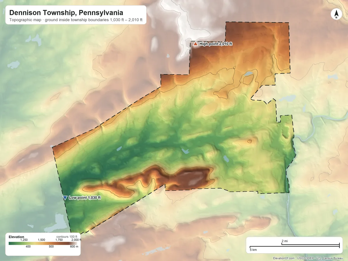 Topographic elevation map of Dennison Township, Pennsylvania, shaded from 1,030 ft on the west side to 2,010 ft on the northwest side