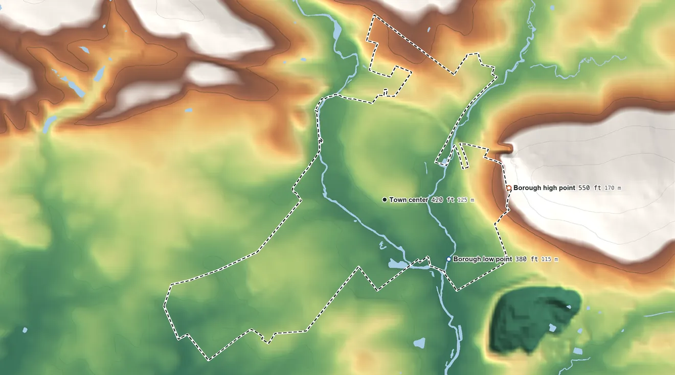 Topographic elevation map of Denver, Pennsylvania, shaded from 380 ft on the southeast side to 550 ft on the east side
