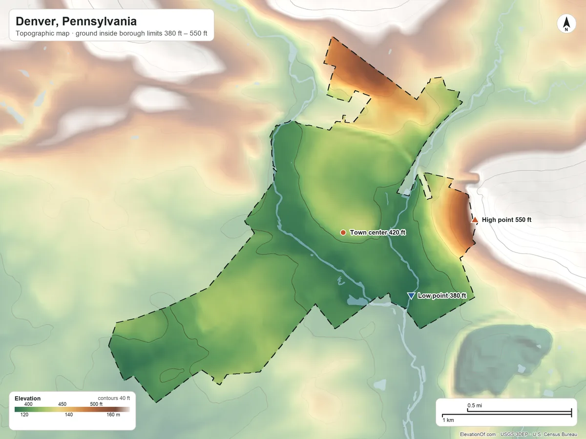 Topographic elevation map of Denver, Pennsylvania, shaded from 380 ft on the southeast side to 550 ft on the east side