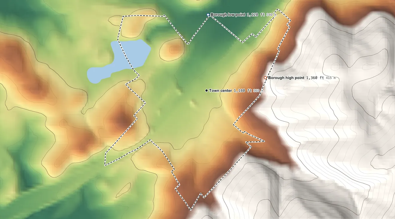 Topographic elevation map of Derry, Pennsylvania, shaded from 1,120 ft on the north side to 1,360 ft at the foot of the Laurel Hill