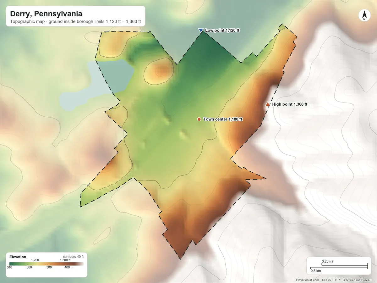 Topographic elevation map of Derry, Pennsylvania, shaded from 1,120 ft on the north side to 1,360 ft at the foot of the Laurel Hill