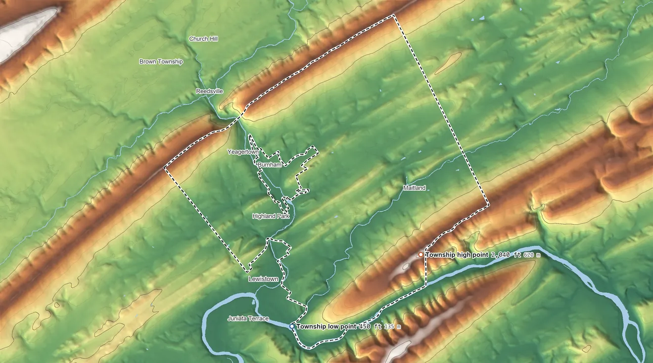 Topographic elevation map of Derry Township, Mifflin County, Pennsylvania, shaded from 450 ft on the south side to 2,040 ft on the southeast side