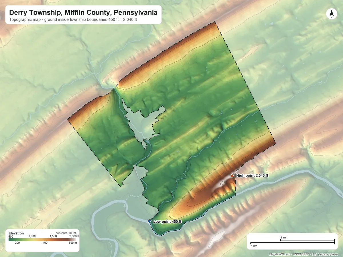 Topographic elevation map of Derry Township, Mifflin County, Pennsylvania, shaded from 450 ft on the south side to 2,040 ft on the southeast side