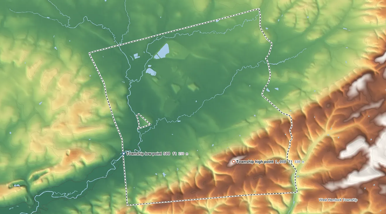 Topographic elevation map of Derry Township, Montour County, Pennsylvania, shaded from 500 ft on the southwest side to 1,080 ft on the southeast side