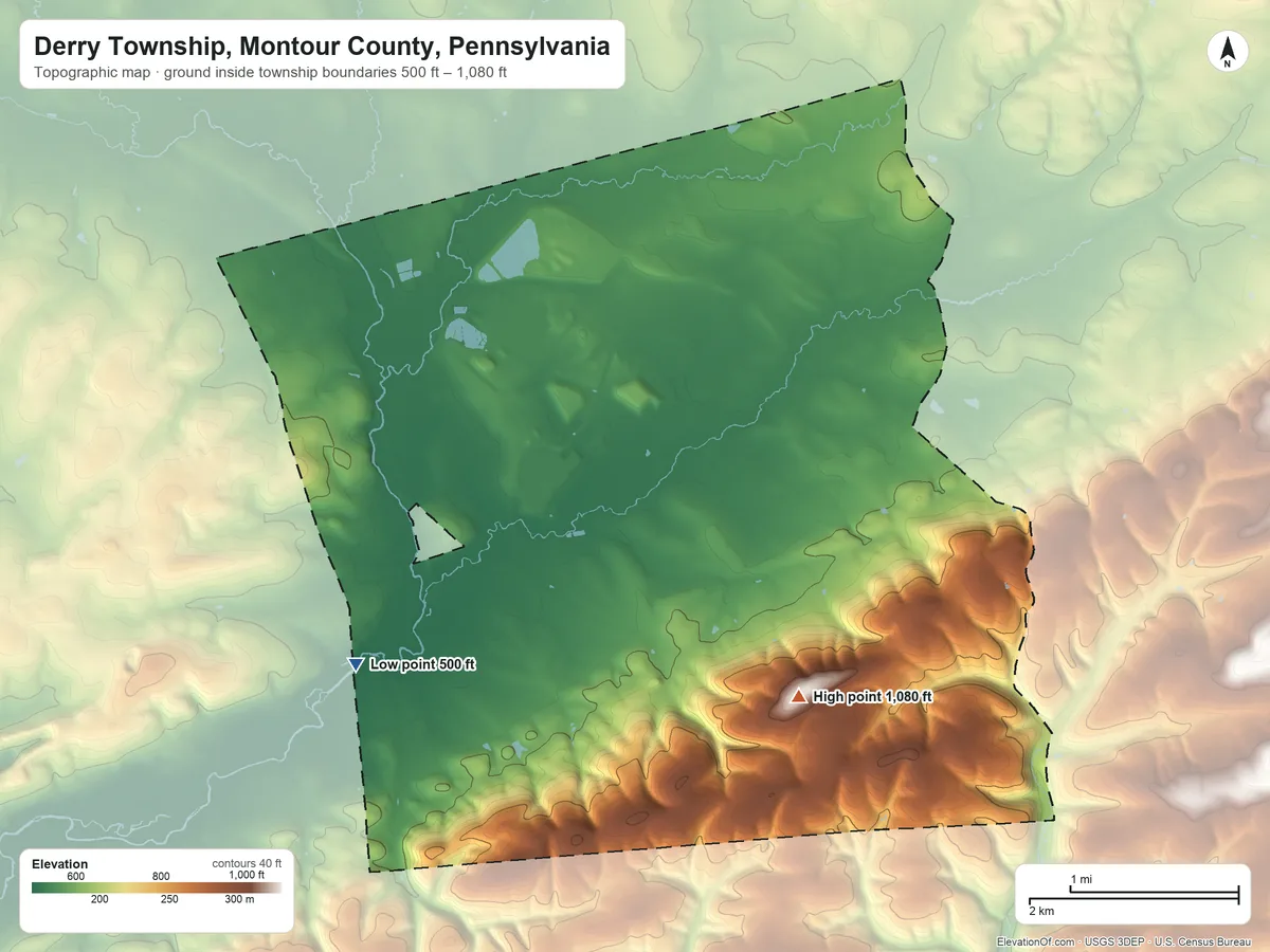 Topographic elevation map of Derry Township, Montour County, Pennsylvania, shaded from 500 ft on the southwest side to 1,080 ft on the southeast side