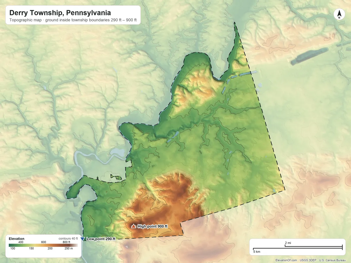 Topographic elevation map of Derry Township, Pennsylvania, shaded from 290 ft on the southwest side to 900 ft on the southwest side