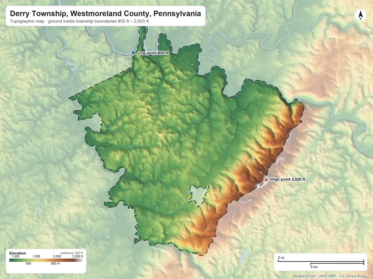 Topographic elevation map of Derry Township, Westmoreland County, Pennsylvania, shaded from 850 ft on the north side to 2,620 ft on the east side