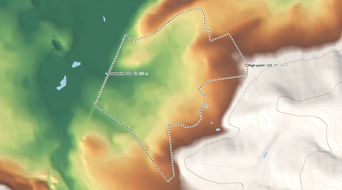 Topographic elevation map of DeSales University, Pennsylvania, shaded from 400 ft on the west side to 580 ft on the east edge, below higher ground just outside