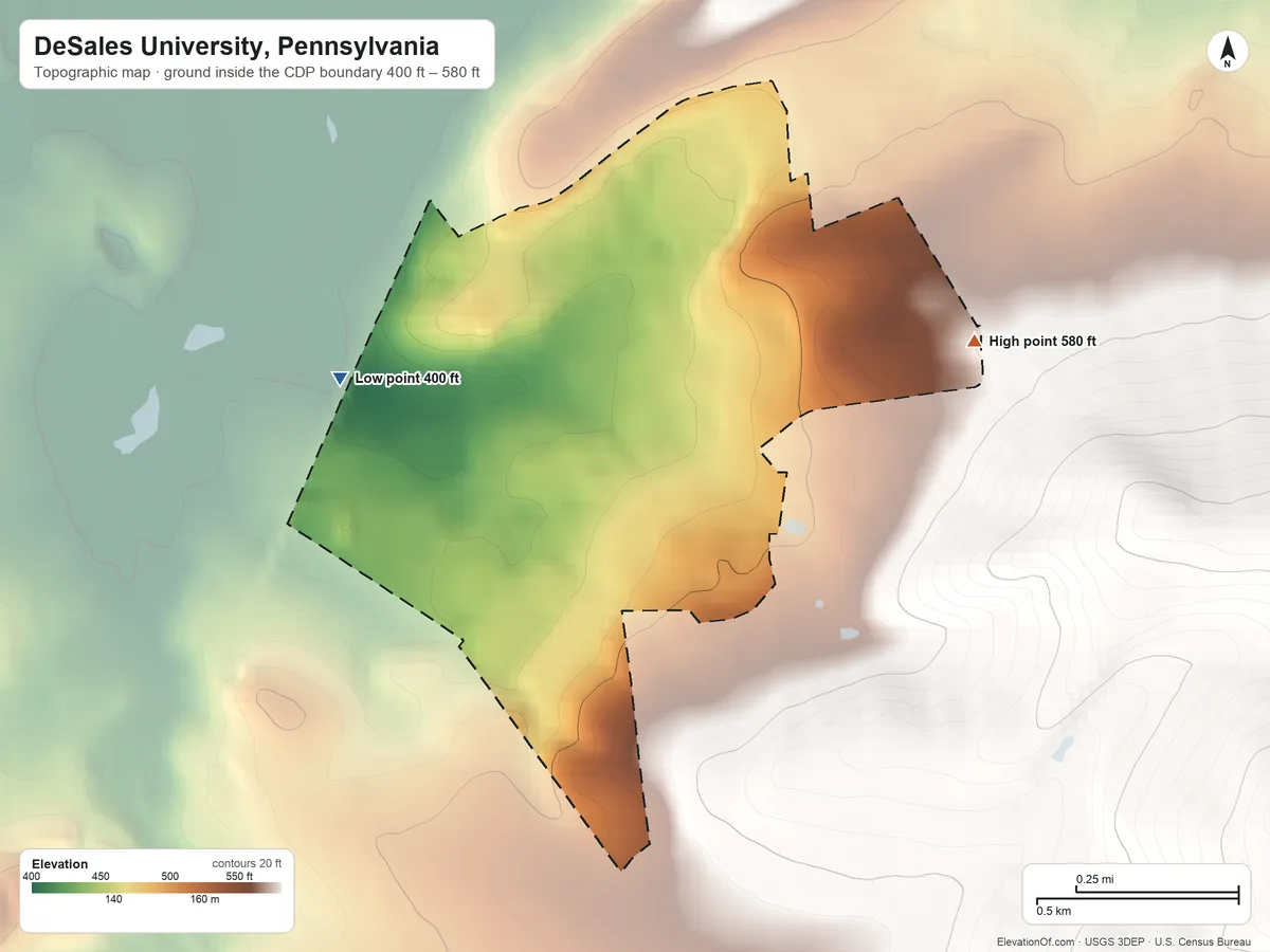 Topographic elevation map of DeSales University, Pennsylvania, shaded from 400 ft on the west side to 580 ft on the east edge, below higher ground just outside