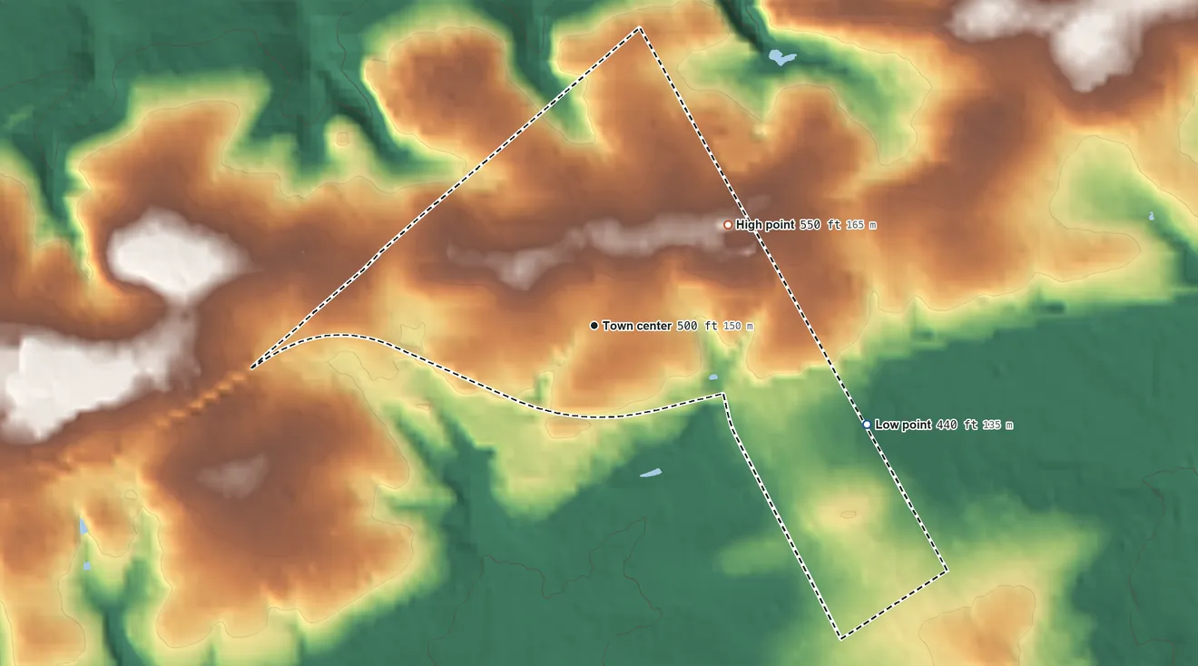 Topographic elevation map of Devon, Pennsylvania, shaded from 440 ft on the east side to 550 ft on the northeast side