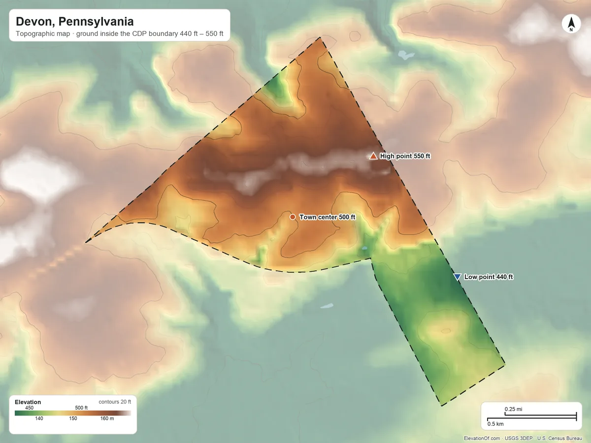Topographic elevation map of Devon, Pennsylvania, shaded from 440 ft on the east side to 550 ft on the northeast side