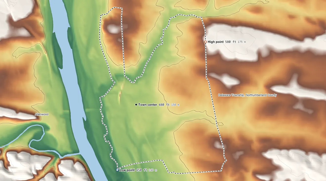 Topographic elevation map of Dewart, Pennsylvania, shaded from 450 ft on the south side to 580 ft on the northeast side