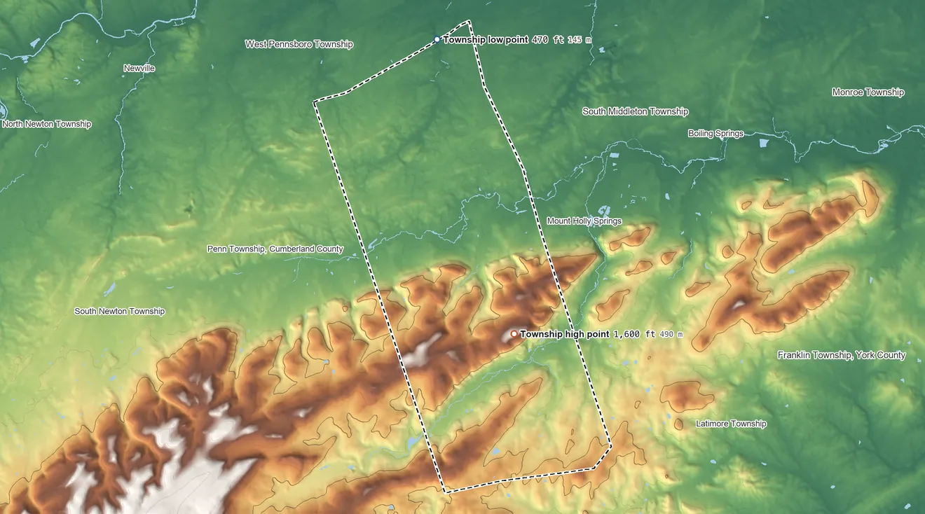 Topographic elevation map of Dickinson Township, Pennsylvania, shaded from 470 ft on the north side to 1,600 ft on the south side
