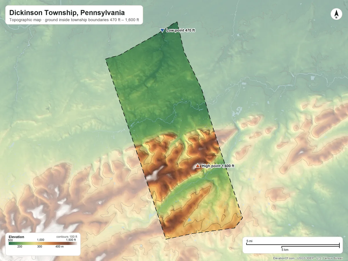 Topographic elevation map of Dickinson Township, Pennsylvania, shaded from 470 ft on the north side to 1,600 ft on the south side