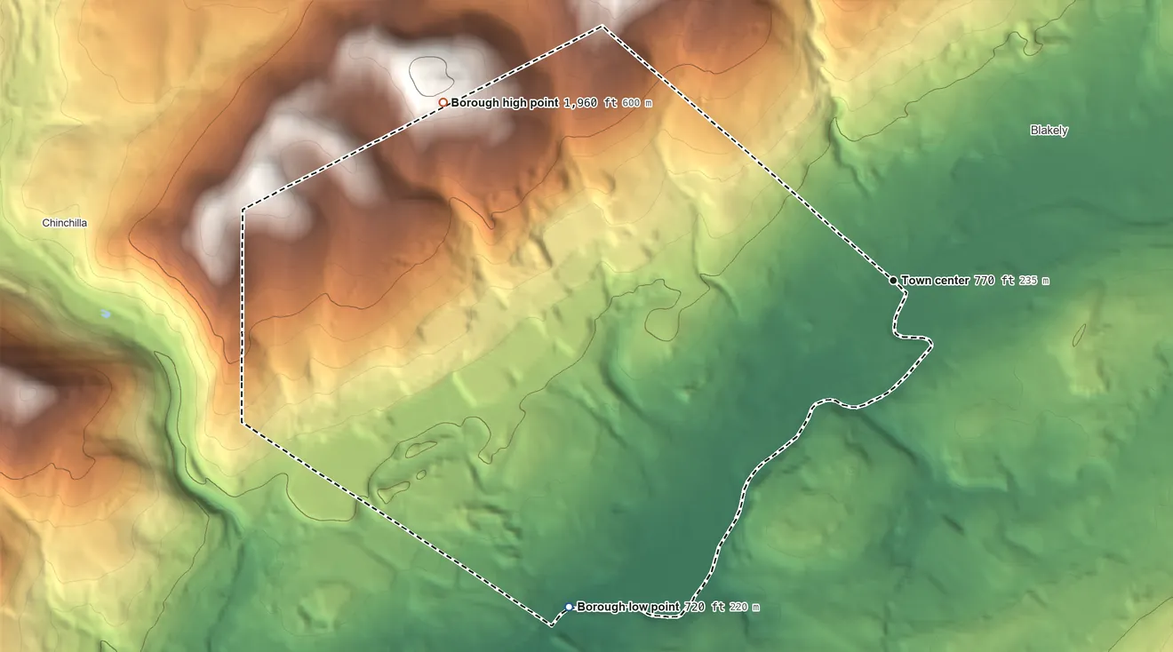 Topographic elevation map of Dickson City, Pennsylvania, shaded from 720 ft on the southwest side to 1,960 ft on the west edge, below higher ground just outside