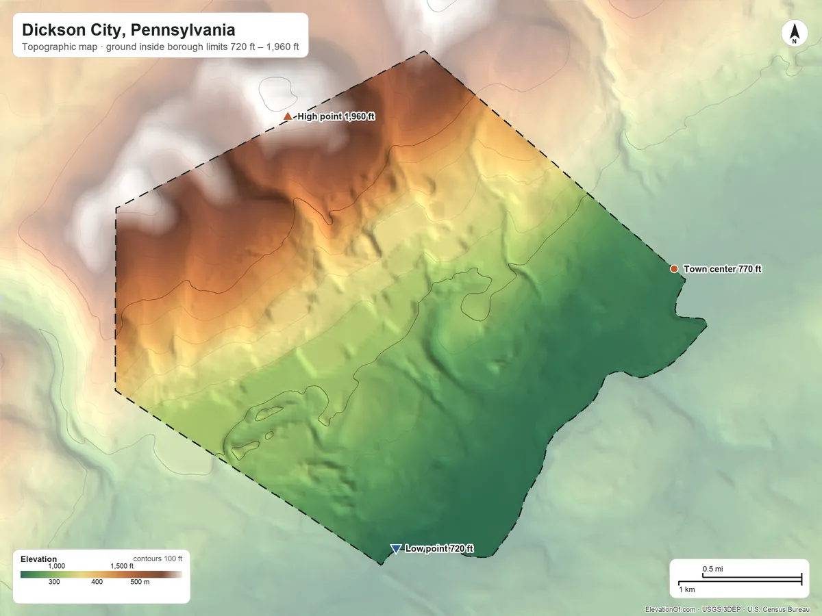 Topographic elevation map of Dickson City, Pennsylvania, shaded from 720 ft on the southwest side to 1,960 ft on the west edge, below higher ground just outside