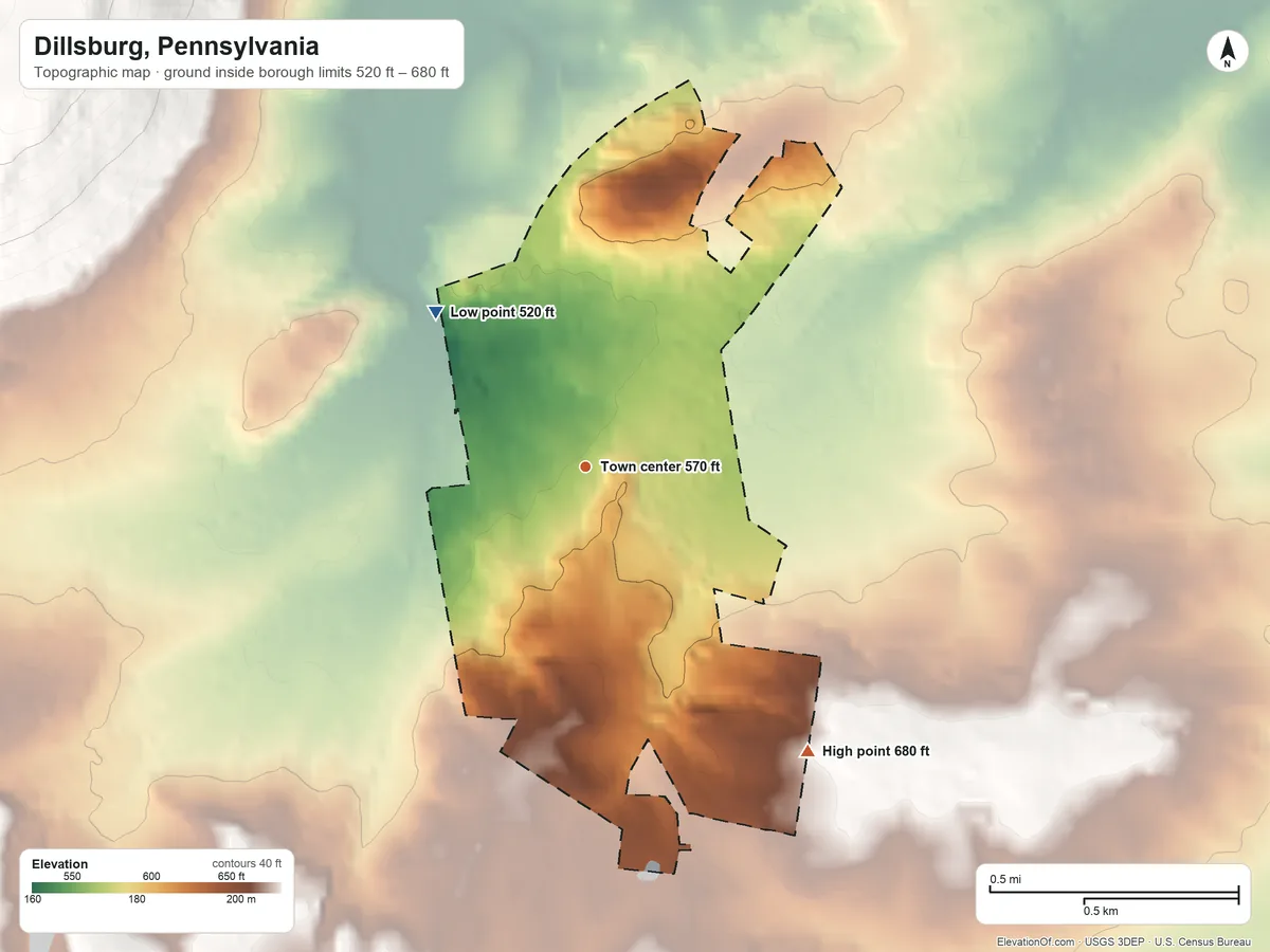Topographic elevation map of Dillsburg, Pennsylvania, shaded from 520 ft on the northwest side to 680 ft on the southeast side