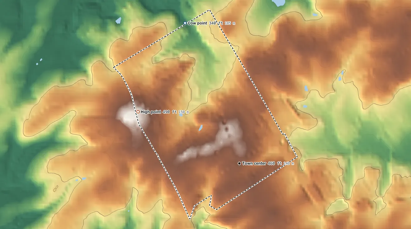 Topographic elevation map of Dilworthtown, Pennsylvania, shaded from 340 ft on the north side to 490 ft on the northwest side