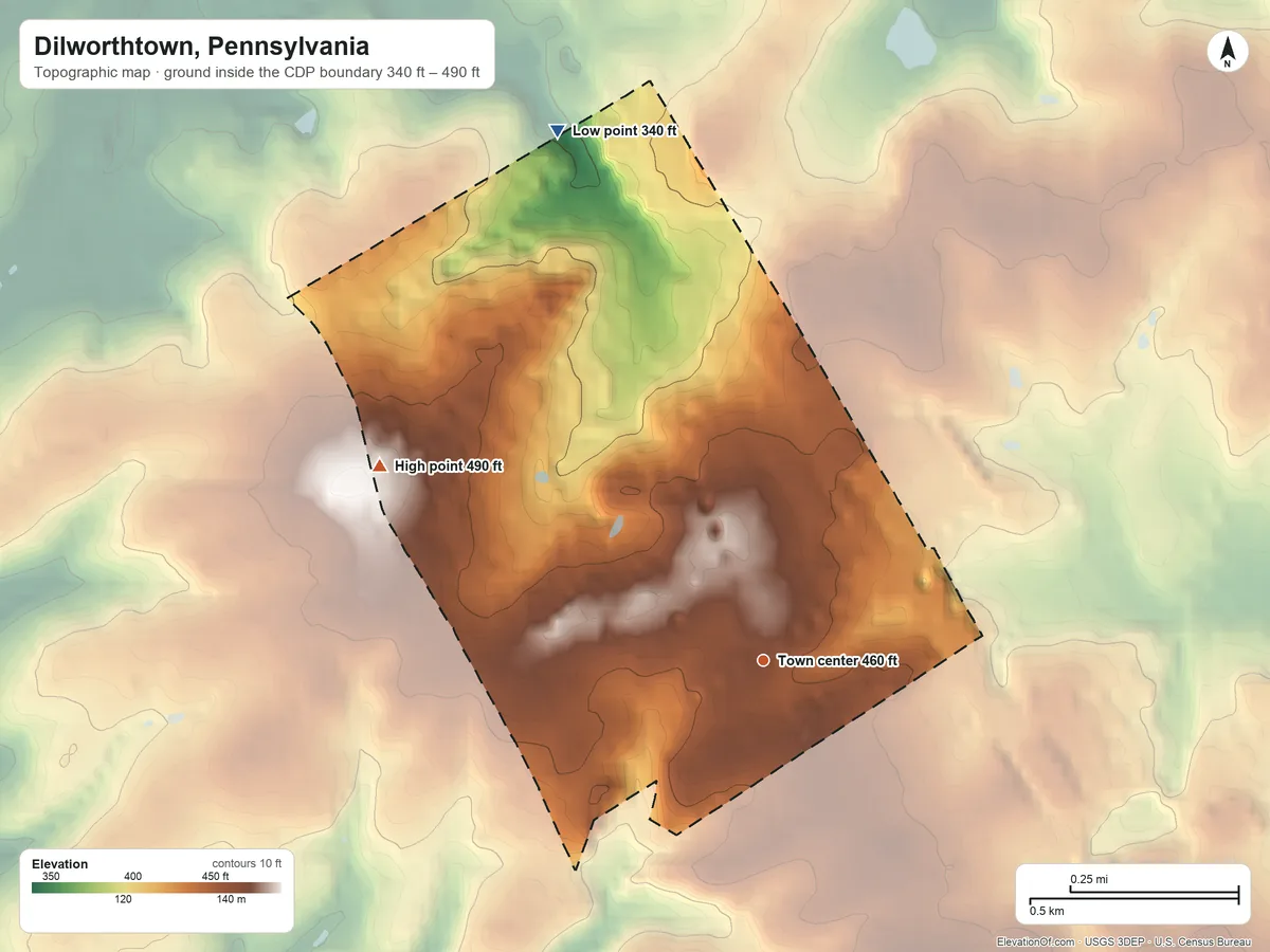 Topographic elevation map of Dilworthtown, Pennsylvania, shaded from 340 ft on the north side to 490 ft on the northwest side
