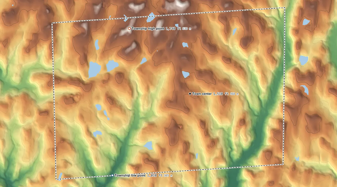 Topographic elevation map of Dimock Township, Pennsylvania, shaded from 1,010 ft on the southwest side to 1,740 ft on the northwest side