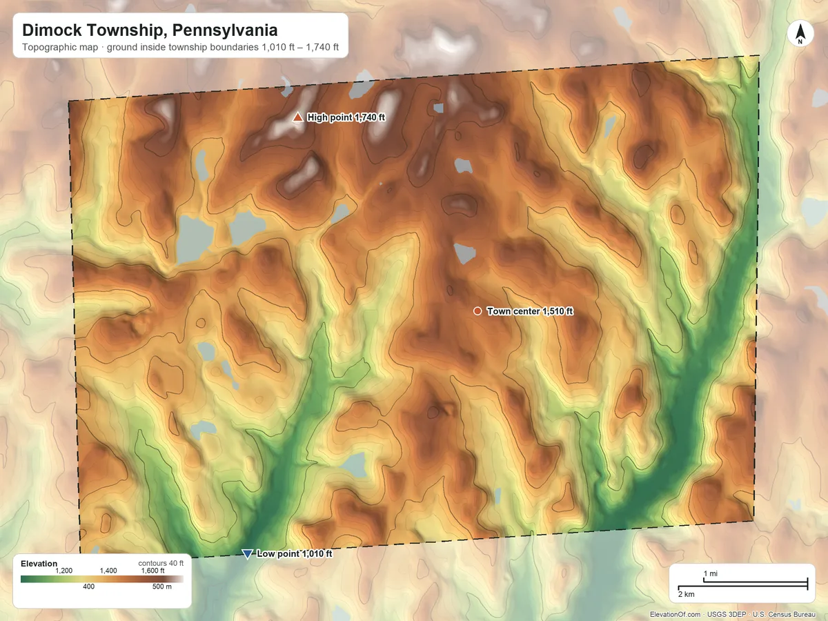 Topographic elevation map of Dimock Township, Pennsylvania, shaded from 1,010 ft on the southwest side to 1,740 ft on the northwest side