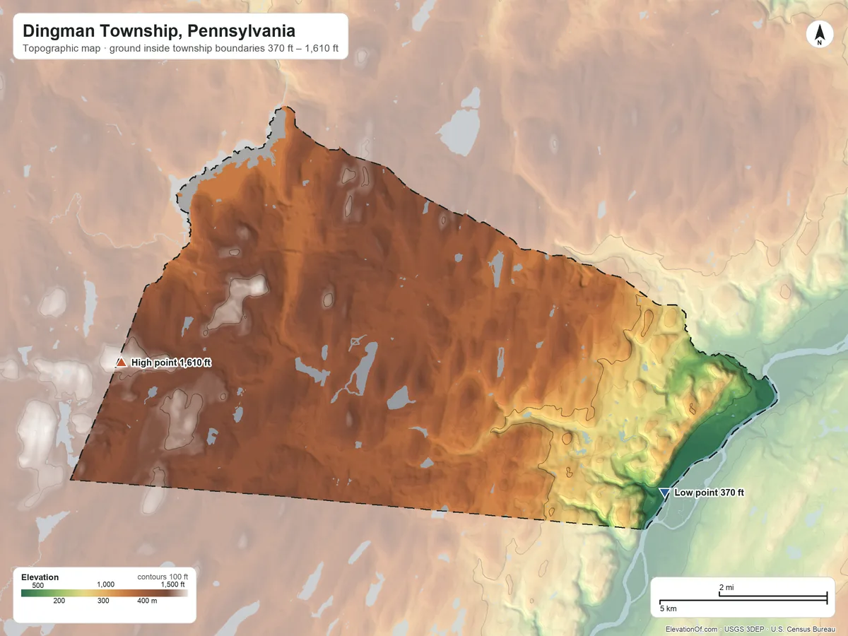 Topographic elevation map of Dingman Township, Pennsylvania, shaded from 370 ft on the east side to 1,610 ft on the west side