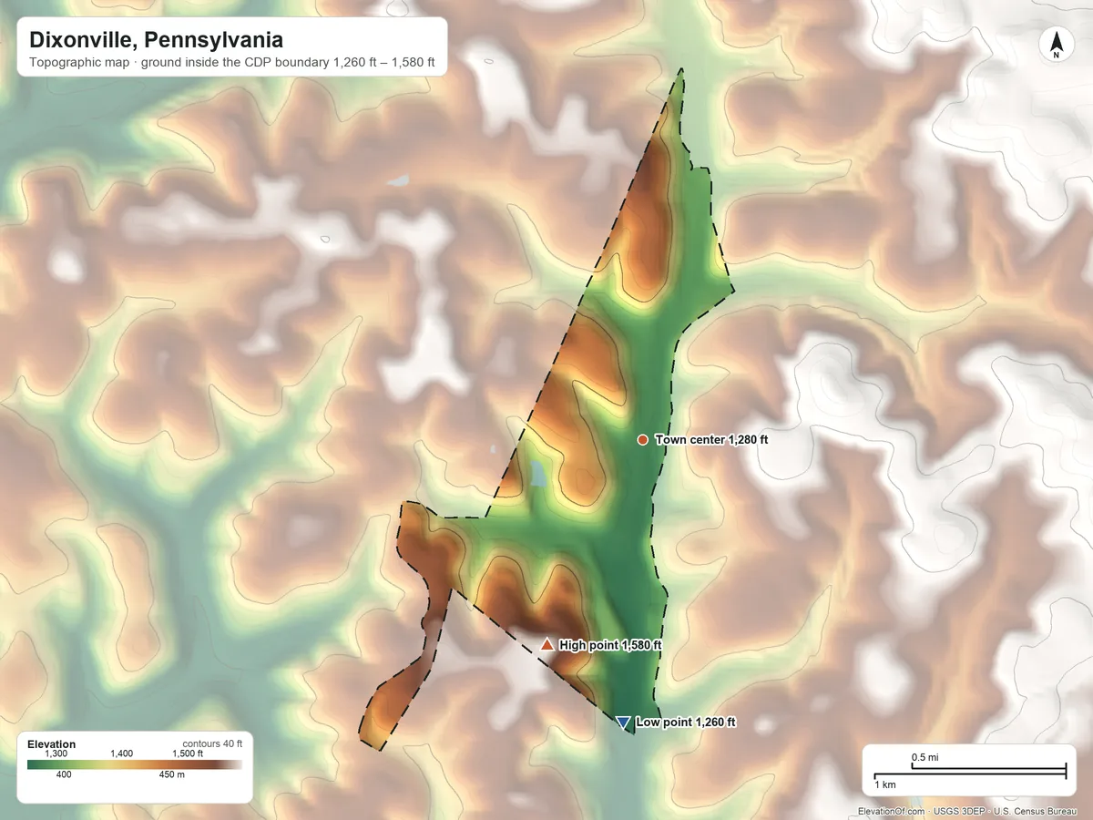 Topographic elevation map of Dixonville, Pennsylvania, shaded from 1,260 ft on the south side to 1,580 ft on the southwest side