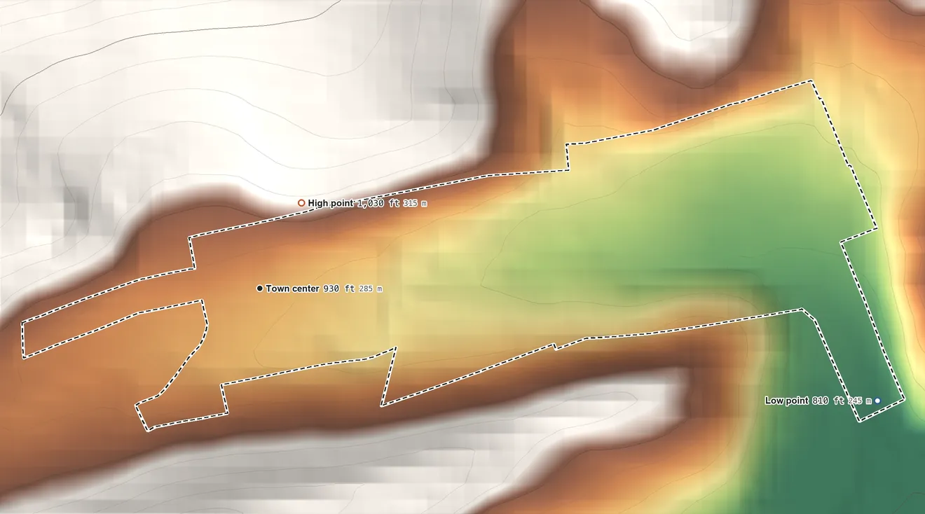 Topographic elevation map of Donaldson, Pennsylvania, shaded from 810 ft on the east side to 1,030 ft at the foot of the Little Mountain
