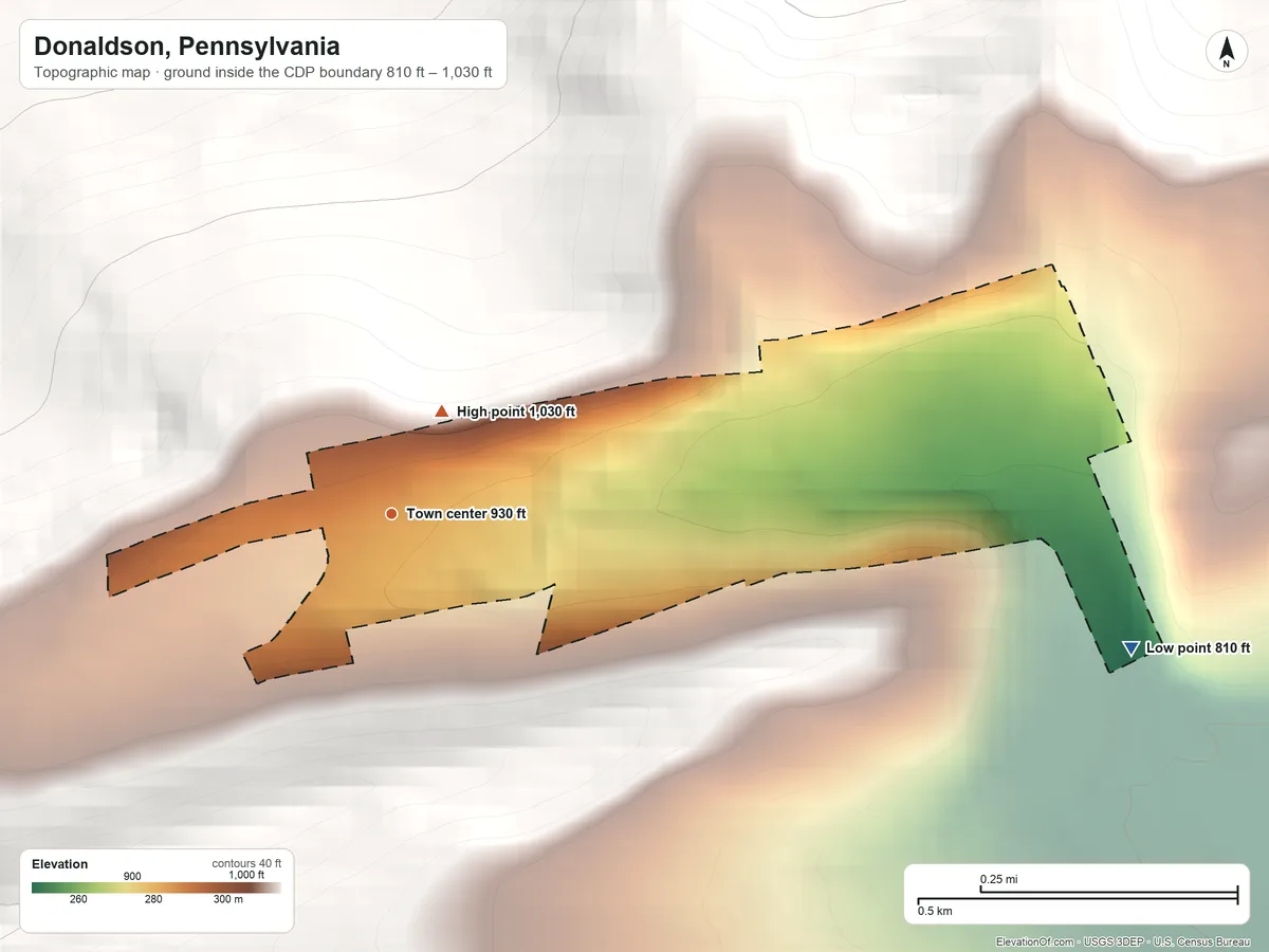 Topographic elevation map of Donaldson, Pennsylvania, shaded from 810 ft on the east side to 1,030 ft at the foot of the Little Mountain