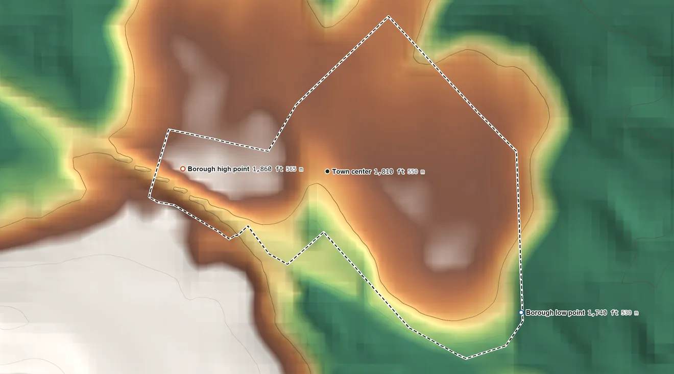 Topographic elevation map of Donegal, Pennsylvania, shaded from 1,740 ft on the southeast side to 1,860 ft on the west side