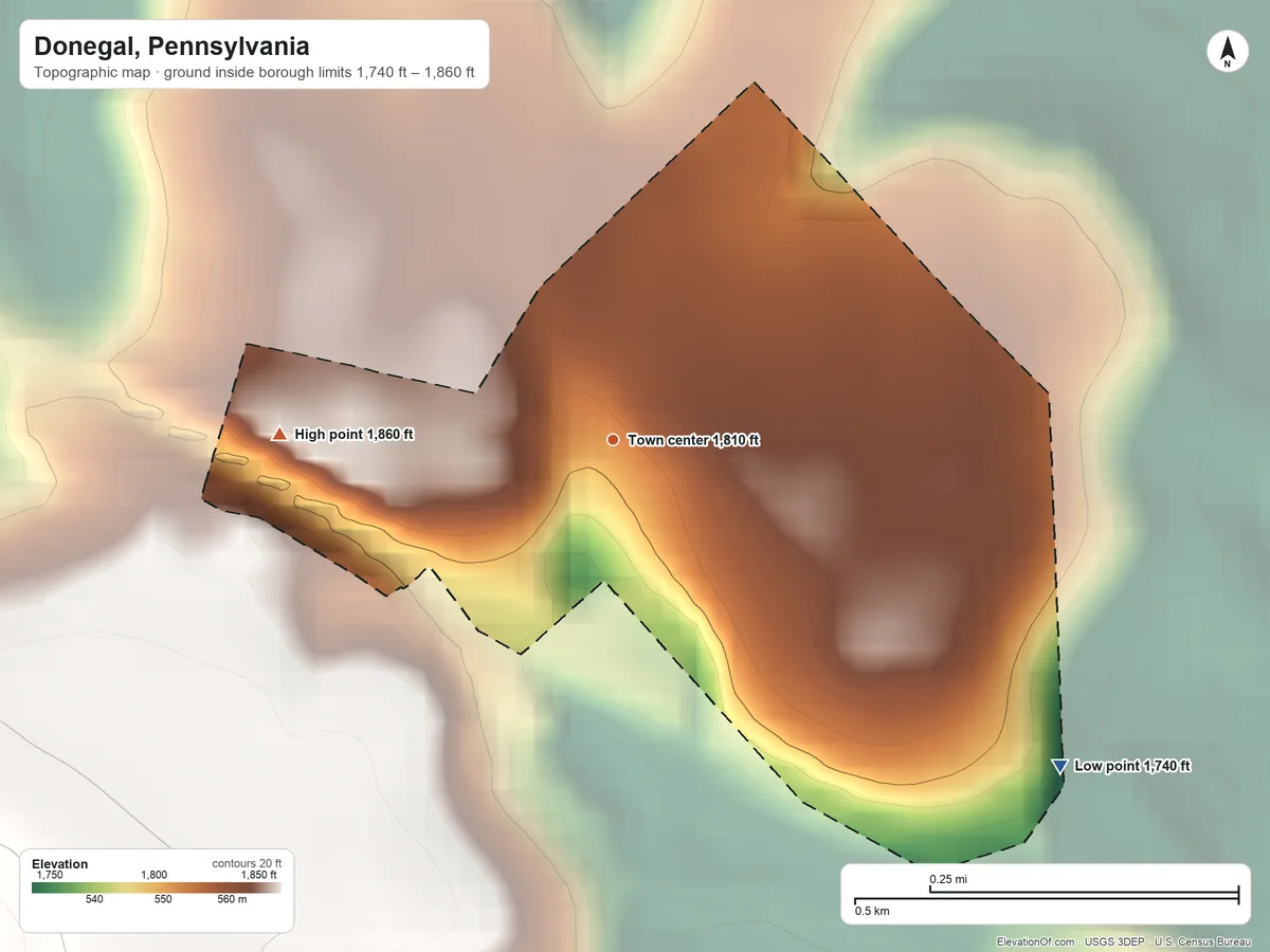 Topographic elevation map of Donegal, Pennsylvania, shaded from 1,740 ft on the southeast side to 1,860 ft on the west side